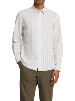 Chemise en coton et lin mélangé beige à rayures avec une coupe slim fit