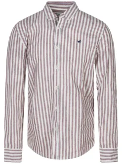 Chemise en coton et lin mélangé beige à rayures pourvue d'une coupe slim