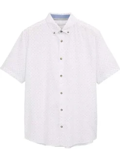 Chemise en coton et lin mélangé blanche avec des minis motifs et à col américain