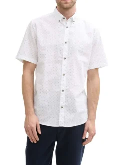 Chemise en coton et lin mélangé blanche avec des minis motifs et à col américain