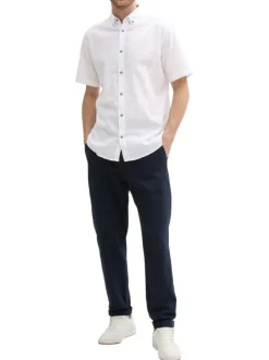 Chemise en coton et lin mélangé blanche avec des minis motifs et à col américain