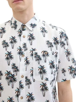Chemise en coton et lin mélangé blanche imprimée coupe droite col français