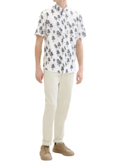 Chemise en coton et lin mélangé blanche imprimée coupe droite col français