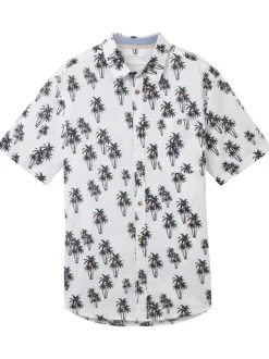 Chemise en coton et lin mélangé blanche imprimée coupe droite col français
