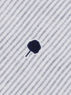 Chemise en coton et lin mélangé bleue à rayures avec un col américain