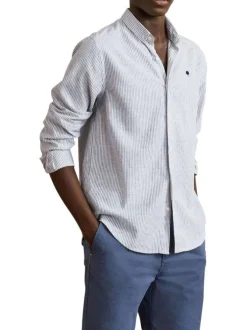 Chemise en coton et lin mélangé bleue à rayures avec un col américain