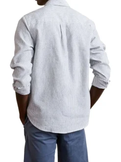Chemise en coton et lin mélangé bleue à rayures avec un col américain