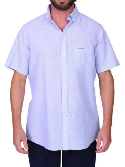 Chemise en coton et lin mélangé bleu à rayures avec une coupe droite