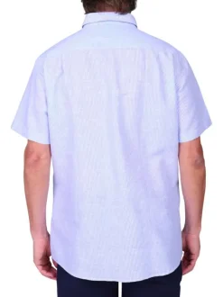 Chemise en coton et lin mélangé bleu à rayures avec une coupe droite