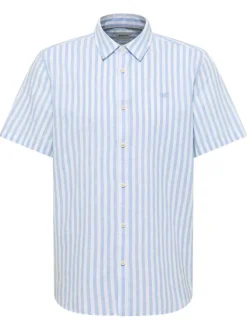 Chemise en coton et lin mélangé ciel à rayures pourvue de manches courtes