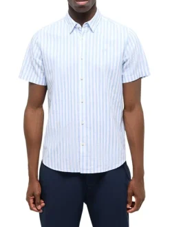 Chemise en coton et lin mélangé ciel à rayures pourvue de manches courtes