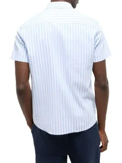 Chemise en coton et lin mélangé ciel à rayures pourvue de manches courtes