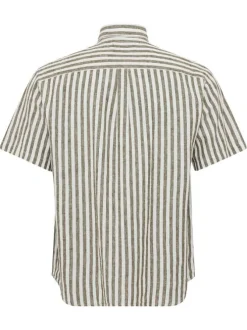 Chemise en coton et lin mélangé kaki rayée avec une coupe regular fit