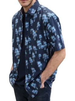 Chemise en coton et lin mélangé marine imprimée coupe droite col français