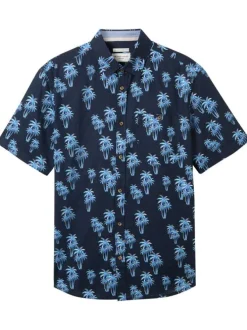 Chemise en coton et lin mélangé marine imprimée coupe droite col français