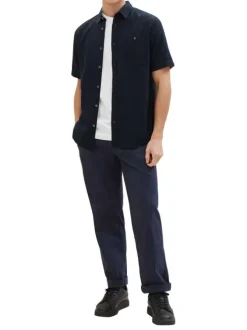 Chemise en coton et lin mélangé marine unie coupe droite col français