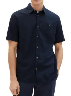 Chemise en coton et lin mélangé marine unie coupe droite col français