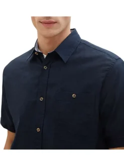 Chemise en coton et lin mélangé marine unie coupe droite col français