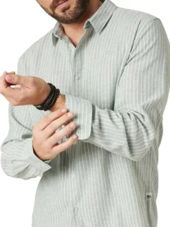Chemise en coton et lin mélangé tilleul à rayures coupe droite col français
