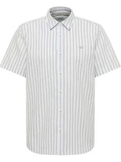 Chemise en coton et lin mélangé vert d'eau à rayures pourvue de manches courtes