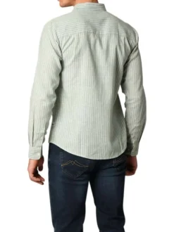 Chemise en coton et lin mélangé verte rayée avec une coupe droite