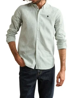 Chemise en coton et lin mélangé verte à rayures avec un col américain
