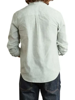 Chemise en coton et lin mélangé verte à rayures avec un col américain