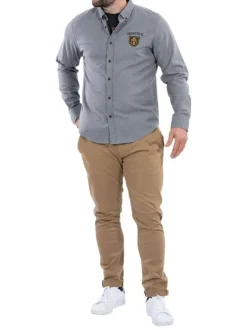 Chemise en coton gris chiné coupe regular fit à col boutonné avec logos de rugby brodés