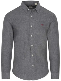 Chemise en coton grise unie à coupe slim col italien et fermeture à boutons blancs