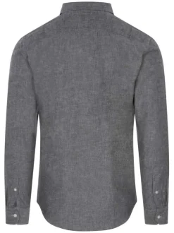 Chemise en coton grise unie à coupe slim col italien et fermeture à boutons blancs