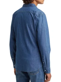 Chemise en coton indigo délavée avec un col français et une coupe slim