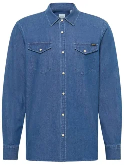 Chemise en coton indigo unie denim à coupe ajustée, col français et pressions
