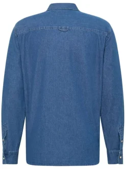 Chemise en coton indigo unie denim à coupe ajustée, col français et pressions