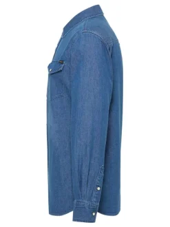 Chemise en coton indigo unie denim à coupe ajustée, col français et pressions