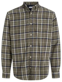 Chemise en coton kaki à carreaux en flanelle avec coupe droite et col américain