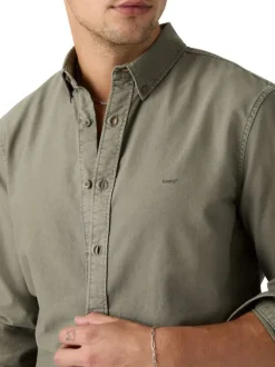 Chemise en coton kaki à coupe droite pourvue d'une col boutonné