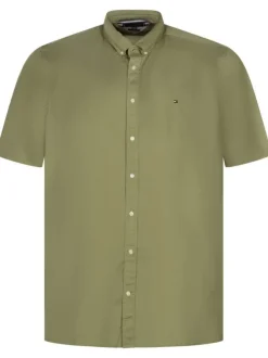 Chemise en coton kakie unie à col américain avec manches courtes
