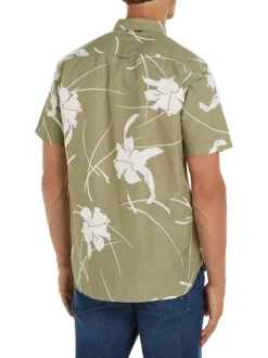 Chemise en coton kaki fleurie coupe regular fit avec un col anglais