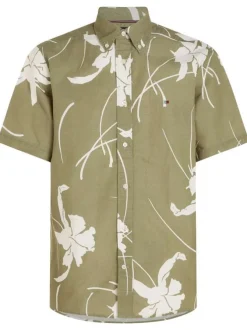 Chemise en coton kaki fleurie coupe regular fit avec un col anglais