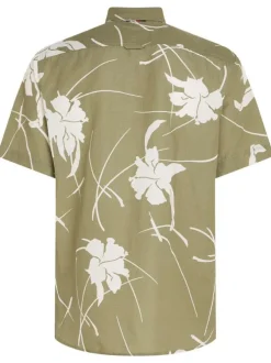 Chemise en coton kaki fleurie coupe regular fit avec un col anglais