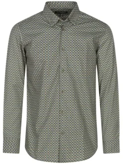 Chemise en coton kaki imprimé à coupe droite et col à revers courts