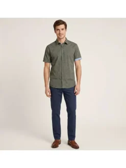 Chemise en coton kaki à motifs pourvue d'une coupe droite et d'un col français