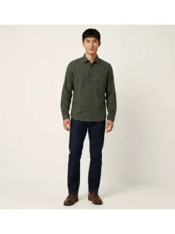 Chemise en coton kaki unie avec une coupe droite et un col français