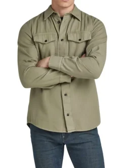 Chemise en coton kaki unie avec une coupe droite un col français et 2 poches
