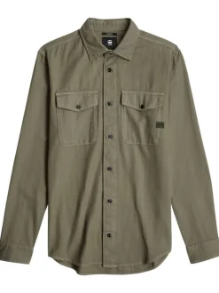 Chemise en coton kaki unie avec une coupe droite un col français et 2 poches