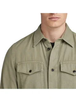 Chemise en coton kaki unie avec une coupe droite un col français et 2 poches