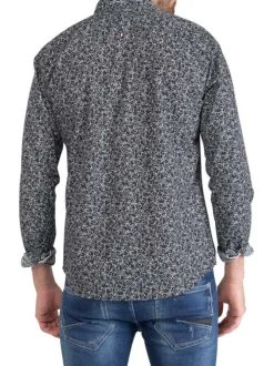 Chemise en coton marine avec imprimé fleuri blanc et un col français