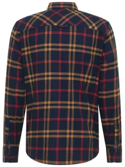 Chemise en coton marine camel et rouge à carreaux avec une coupe regular fit