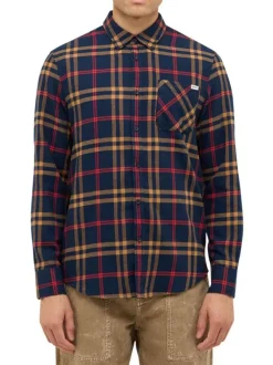 Chemise en coton marine camel et rouge à carreaux avec une coupe regular fit