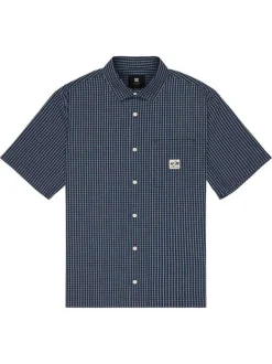 Chemise en coton marine à carreaux avec des manches courtes et une coupe droite